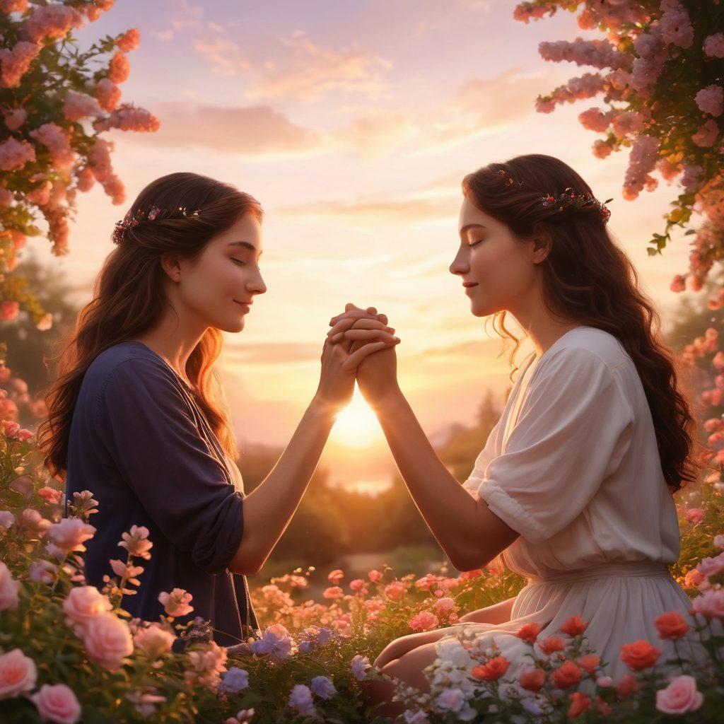 A warm, inviting scene of two friends sharing a heartfelt moment, surrounded by blooming flowers and soft lighting, showcasing the transition from kindness to deeper intimacy. Include subtle elements like intertwined hands or meaningful eye contact to symbolize connection. The background features a serene sunset, enhancing the emotional atmosphere. super-realistic. vibrant colors. soft focus.