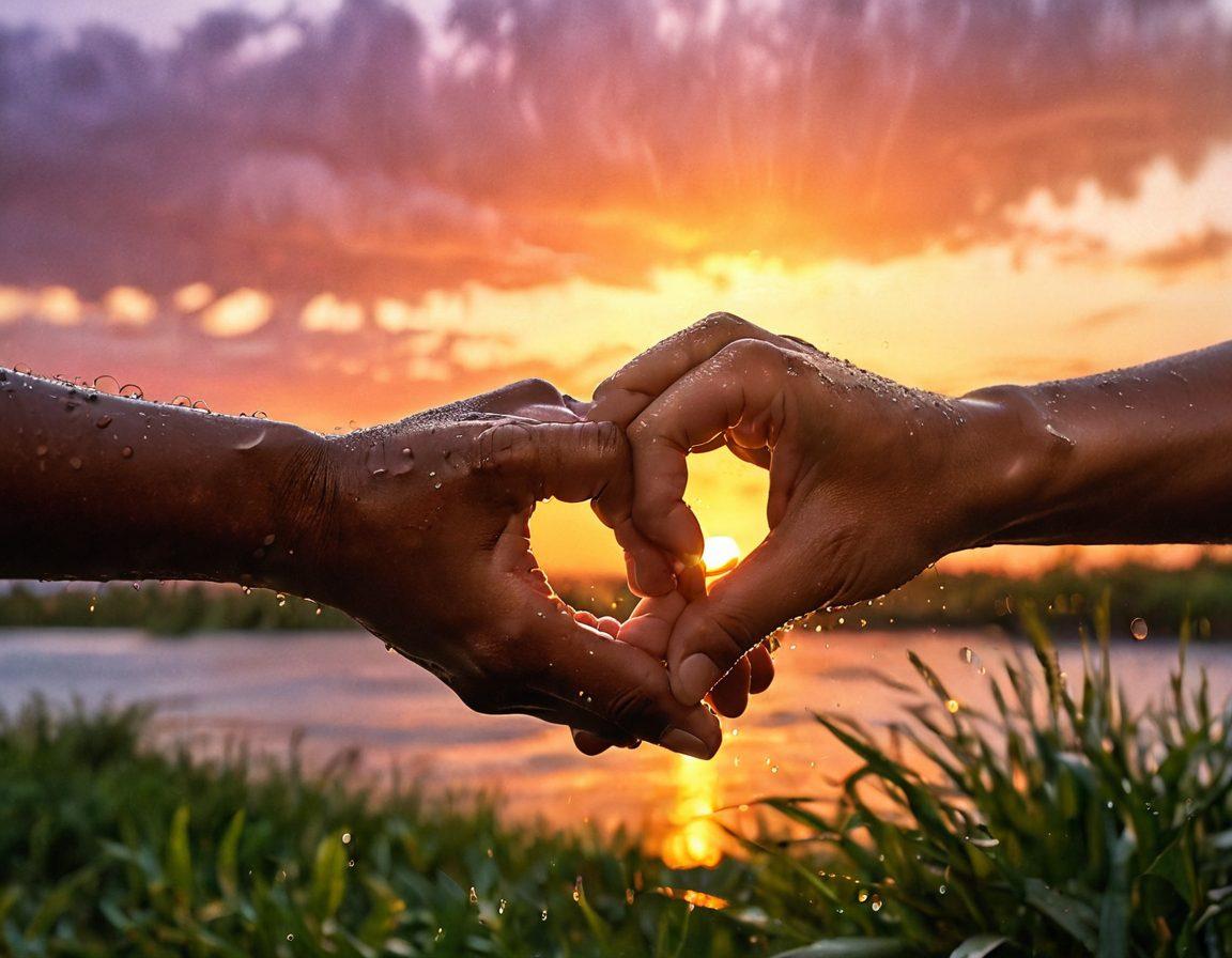 A heart melting under gentle raindrops, symbolizing emotional vulnerability. Surround it with two intertwined hands reaching out, showcasing connection and support. A warm sunset casts a soft glow, enhancing the tenderness of passionate relationships. Add swirling colors representing emotions in the background. super-realistic. vibrant colors. soft lighting.