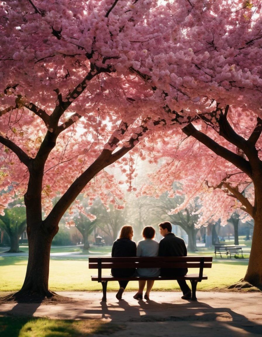 A serene scene featuring two individuals sitting close together on a cozy park bench, sharing a heartfelt conversation under a blossoming cherry tree. Ethereal light filters through the branches, casting warm hues that represent emotional warmth and connection. In the background, soft silhouettes of people enjoying the day symbolize the joy of love and community. The overall atmosphere conveys a sense of intimacy, understanding, and lasting bonds. super-realistic. vibrant colors. soft focus.